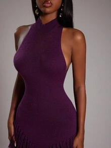 NYA SZN 连衣裙 无袖 高领 流苏细节 修身 紧身 罗纹针织 针织衫 弹力 特殊场合 度假 婚礼 外出 机场 可爱 老钱 秋冬 适合通勤 女士服装 - 紫色 - 查看 5