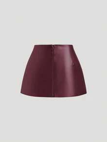 Sweetra 性感低腰时尚 PU 皮革开衩迷你裙，女式，春夏 - 酒紅色 - 查看 2