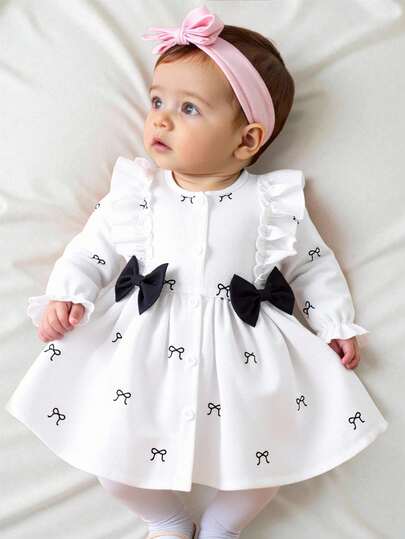 SHEIN Newborn Baby Girl Apricot Round Neck Ruffled Cartoon Cherry Print Long Sleeved Red Bow Dress Elegant And Cute, Suitable For All Seasons, New Style Fall Winter