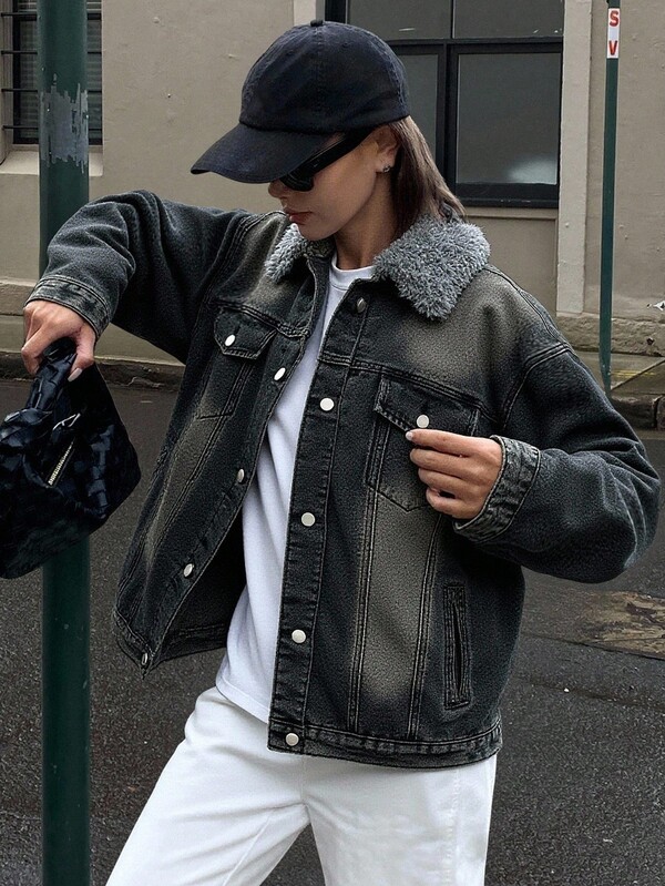 DAZY Women's Fluffy Patchwork Front Button Pocket Long Sleeve Regular Jacket Thermal Lined, Winter Women Coats