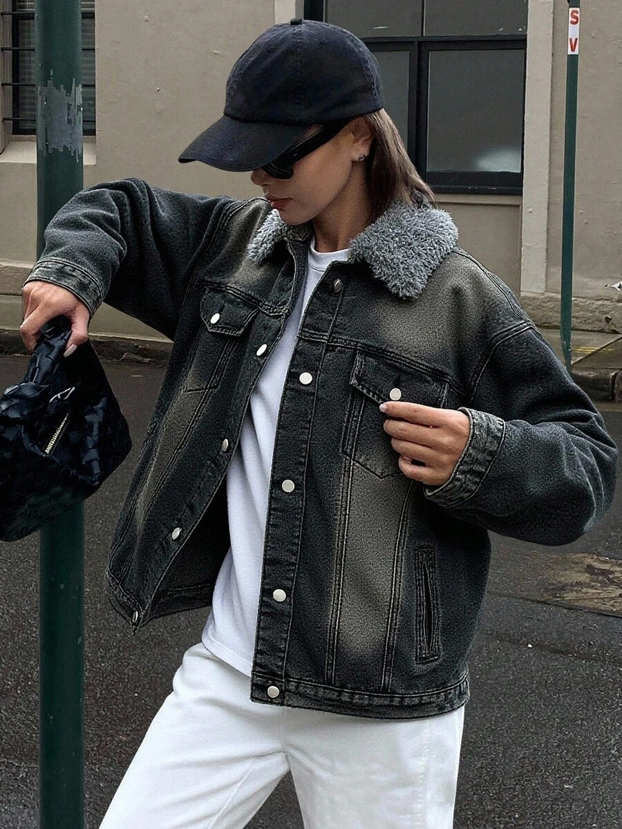 DAZY Women's Fluffy Patchwork Front Button Pocket Long Sleeve Regular Jacket Thermal Lined, Winter Women Coats - Dark Grey - View 1