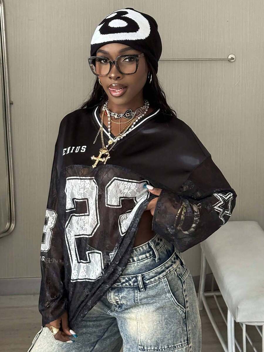 Coolane Damen Cool Girl Herbst Festival Streetwear Strandoutfits Kontrast Spitze Grafiken Oversized Langarm Schwarze Jersey Shirts - Schwarz - Übersicht 1