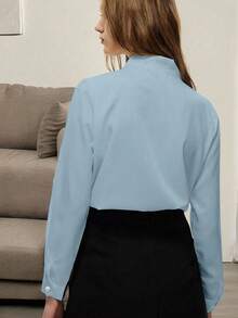 Women's Solid Color Bowknot Design Long Sleeve Elegant Blouse Fall Cloth For Women - Blue - View 2