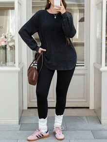 SHEIN LUNE Sudadera casual lavada de talla grande, otoño e invierno para mujer, apta para uso diario, ir a trabajar y uso casual, esencial para uso diario, trayecto y actividades al aire libre, top sencillo de mujer, unicolor - Negro - Ver 8