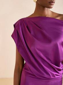 Zivah 2025 Autumn New Music Festival, Easter, St. Patrick's Day, Western, Nomadic, Birthday Party, Graduation, College Style, Student Wear, Daily Casual, All-Match Versatile, Leisure, Vacation, Cruise Travel, Beach, Sunbathing, Viral , Streetwear, Wedding Guest Boho, Commute, Brunch, Airport, Party & Holiday Outfits, Asymmetric Shoulder Long Satin Shiny Purple Dress - Purple - View 8