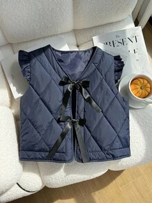SHEIN Chaqueta de invierno con cuello en V y mangas cortas con decoración de lazo para niña preadolescente