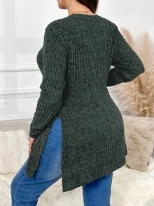 SHEIN Frenchy 大码女式休闲纯色罗纹长袖开衩修身T恤，春秋季 - 綠色 - 查看 6