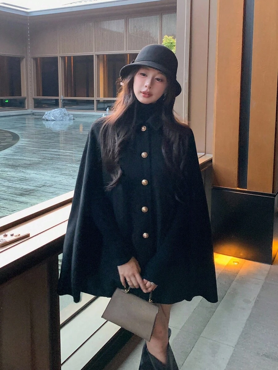 DAZY 女士纯色休闲韩版斗篷外套，前开襟纽扣夹克 - 黑色 - 查看 1