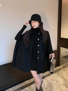 DAZY 女士纯色休闲韩版斗篷外套，前开襟纽扣夹克 - 黑色 - 查看 3