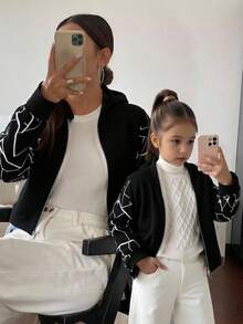 SHEIN 秋冬少女针织休闲宽松拉链长袖外套 - 黑色 - 查看 3