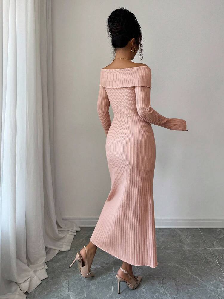 Women's Elegant Solid Color Off Shoulder 3D Floral Knitted Sweater Dress, Autumn