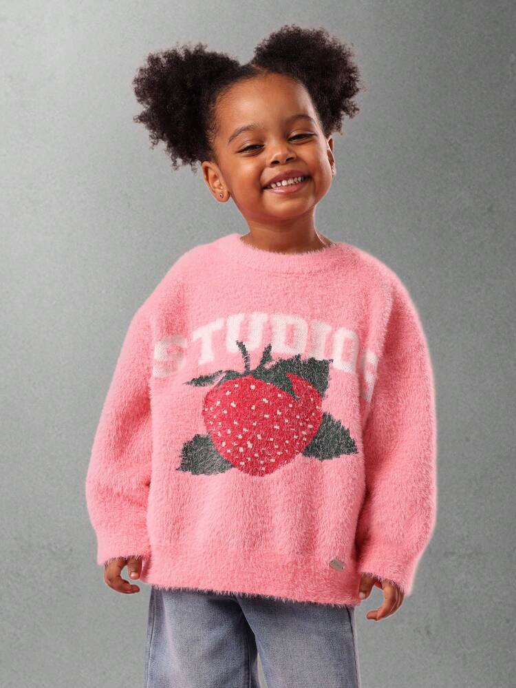 Strawberry Graphic Fuzzy Knitted Sweater