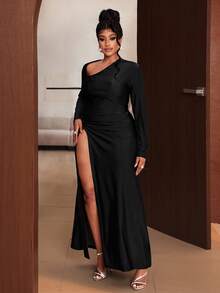 Maweii 大码女士黑色不对称领口扭结开衩性感正式连衣裙，春秋季 - 黑色 - 查看 6