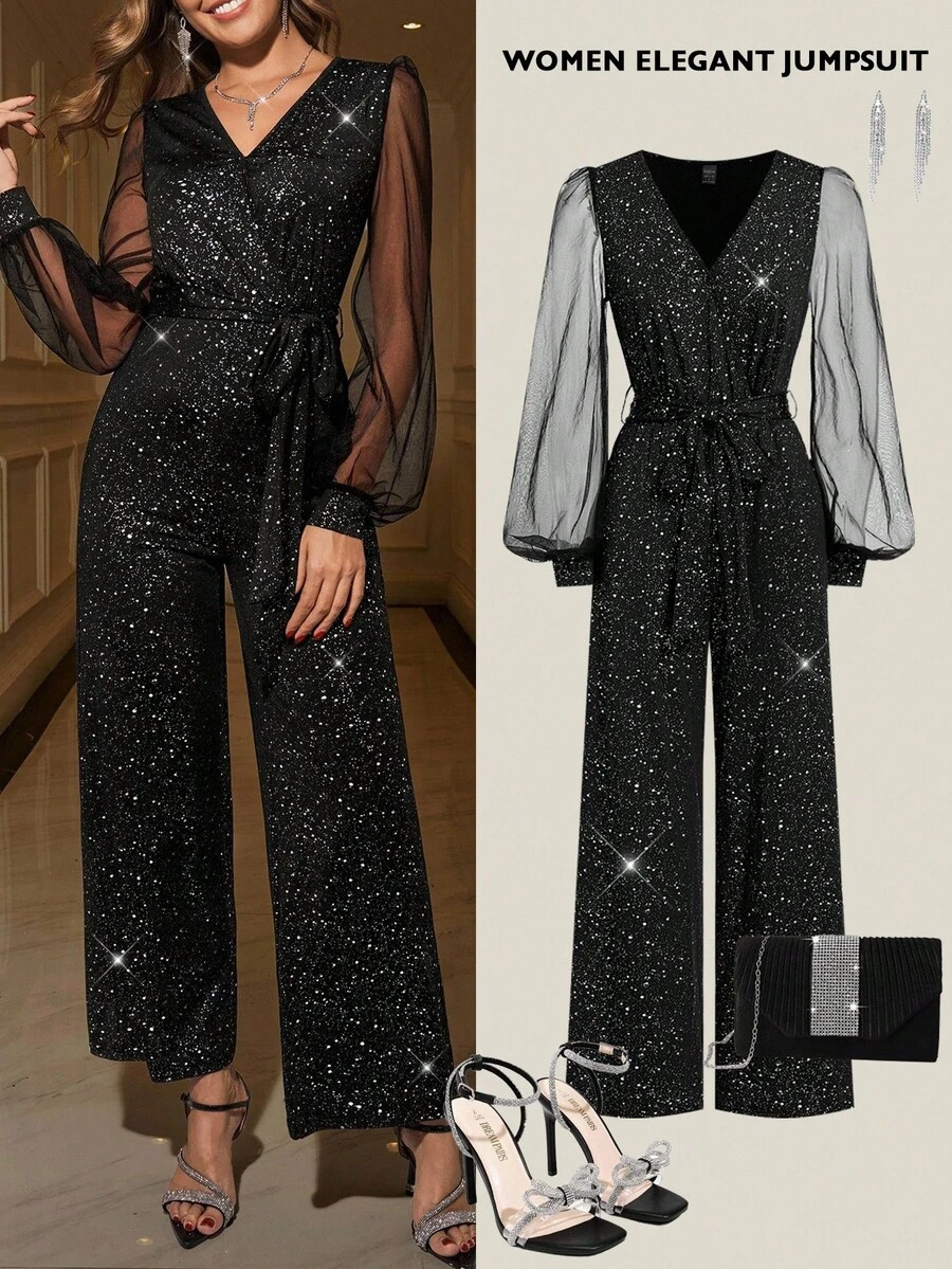Ellevyn 女式 V 领针织弹力修身闪亮灯笼袖收腰修身黑色直筒裤，秋冬季长袖连体裤，适合万圣节 - 黑色 - 查看 1