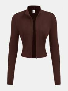 SHEIN Girlism 青少年女孩休闲弹力半拉链 V 领紧身长袖 T 恤，秋冬基本款外套 - 棕色 - 查看 5