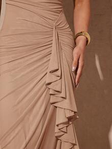 Silquee 优雅的鼠尾草绿色浪漫荷叶边袖高开衩连衣裙，女士蕾丝紧身派对礼服，适合情人节、约会、婚礼、舞会 - 卡其色 - 查看 6