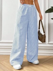 SHEIN PETITE CURVE 大码女款蓝色条纹编织裤