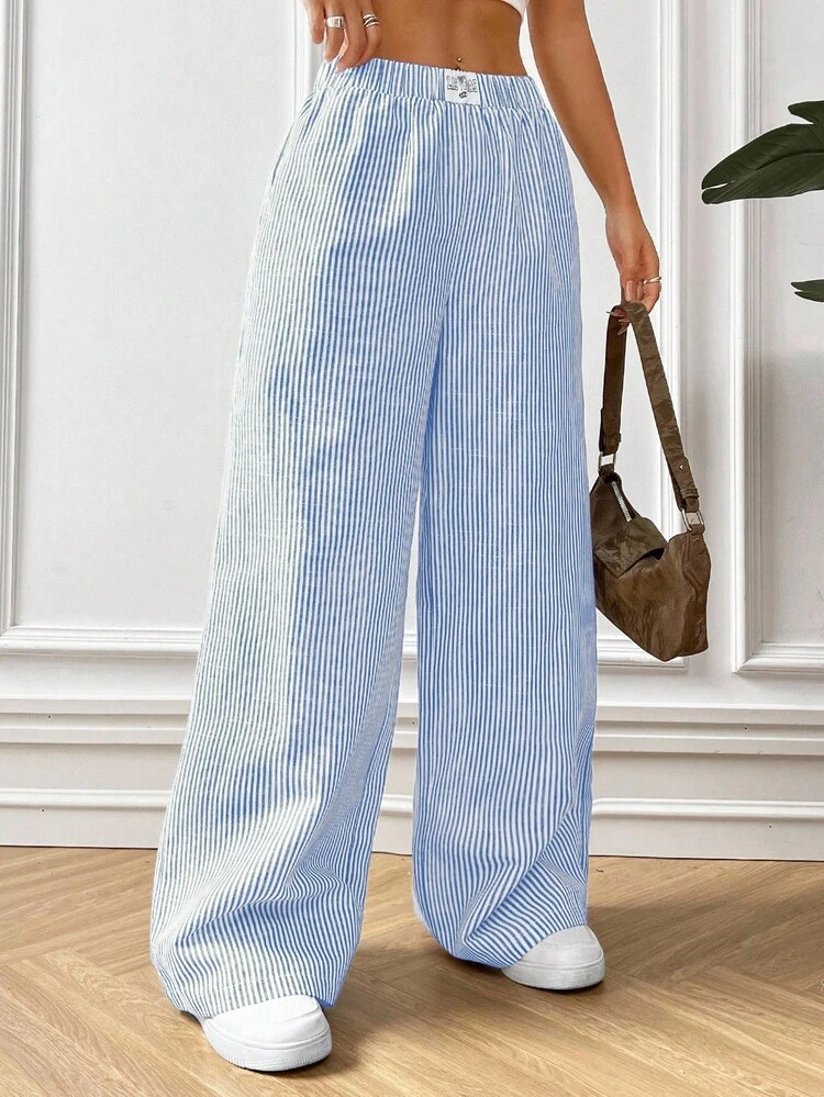 CovetEZ Calças Femininas Azul Listradas Tecido de Malha - Azul e Branco - Visão 3