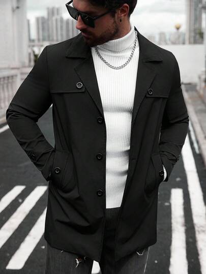 Manfinity Homme Jachetă neagră pentru bărbați, culoare solidă, minimalistă, casual, cu mânecă lungă, rezistentă la vânt, pentru bărbați, îmbrăcăminte exterioară pentru bărbați, jachetă de lână pentru bărbați, trench, pentru bărbați, pentru timpul liber zilnic, excursii de weekend, activități în aer liber, expediții de călătorie, medii de lucru relaxate sau ocazii semi-formale, cadou pentru iubit/soț, cadou de aniversare, pentru toamnă