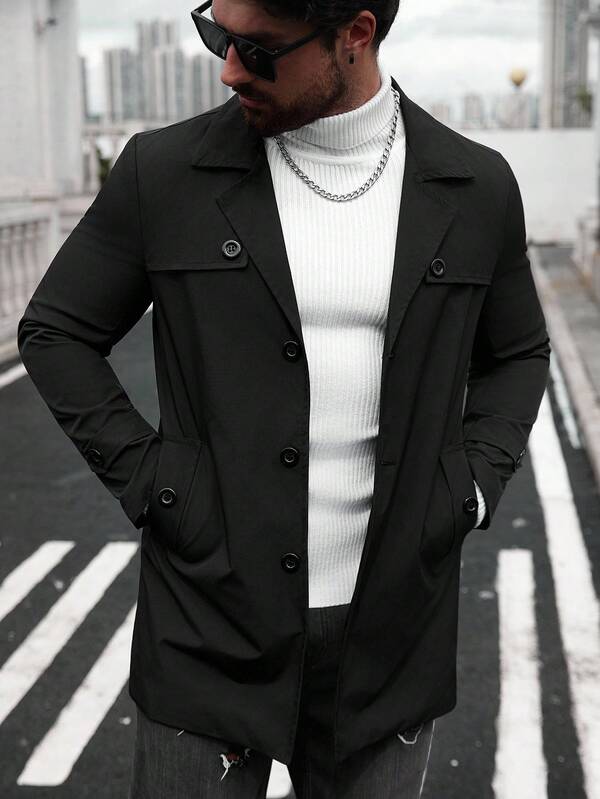 Manfinity Homme Heren effen minimalistische casual lange mouwen windjack zwart jack voor heren Heren bovenkleding Wollen jas Heren heren trenchcoat Dagelijkse vrijetijdsbesteding, weekendtrips, buitenactiviteiten, expedities, ontspannen werkomgevingen of semi-formele gelegenheden, cadeau voor vriend/echtgenoot, verjaardagscadeau, voor de herfst