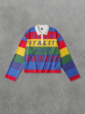 Street Life Chemise polo ample à imprimé rayé pour hommes, style de rue rétro, automne