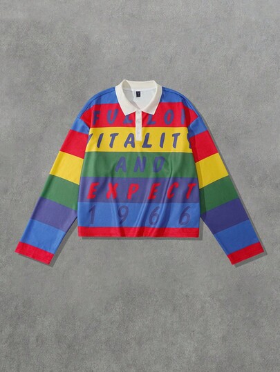 Street Life Camicia polo oversize a righe da uomo, stile retrò da strada, autunnale