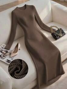 Franclia 女士条纹纹理优雅圆领中长连衣裙 - 棕色 - 查看 3