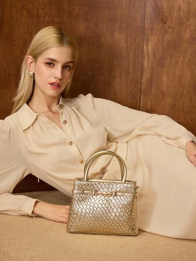 MOTF PREMIUM 通勤时尚纯色鳄鱼压纹金属扣装饰手提包，女士优雅包