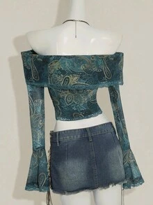 SHEIN ICON Fall Women's Western Boho Teal Green Bell Sleeve Off Shoulder Paisley Pattern Casual Long Sleeve Fitted Vintage Top