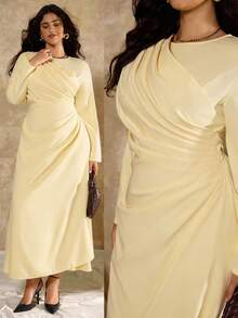 Roveilla 大码女式优雅正式办公室通勤休闲度假派对复古教师秋季中东风格纯色圆领腰部褶皱 A 字长袖超长连衣裙，浅黄色 - 黃色 - 查看 1