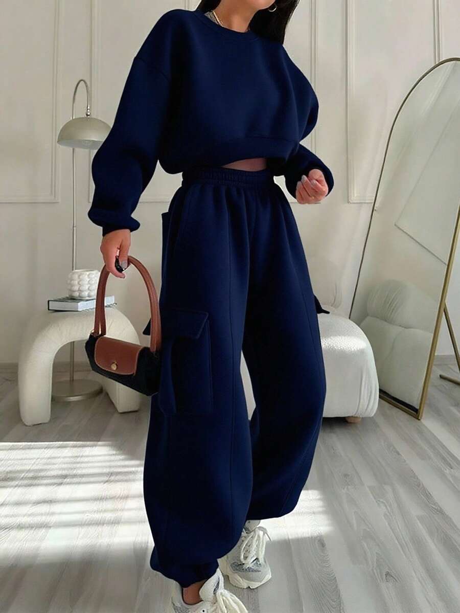 INAWLY Bộ 2 món áo nỉ ngắn tay dài cổ tròn màu xanh navy trơn kèm quần dài bo gấu có túi lưng thun cho nữ - Màu xanh hải quân - Xem 1