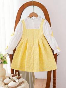 SHEIN Elladie kids 年轻女孩'花卉纹理田园风泡泡袖蝴蝶结装饰黄色连衣裙，秋季 - 黃色 - 查看 2