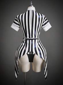 SHEIN ICON Women's Striped Bodysuit Set, Sexy & Halloween Outfit, Suitable For Parties, Autumn/Winter Stripper Outfit Gothic Bathing Suit Black And White Swimsuit Gothic Swimwear