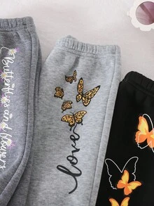 SHEIN 3 件套女婴可爱休闲百搭蝴蝶图案羊毛松紧腰裤，秋冬 - 彩色 - 查看 4