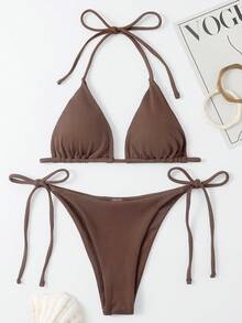 Swim Basics Summer Beach Rib Halter Triangle Bra & Tie Side Swim Bottom Bikini Bathing Suit - Brown - View 6