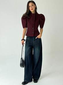 Aloruh Chaqueta de lana de manga corta de unicolor y estilo retro para mujer en otoño/invierno - Burdeos - Ver 3