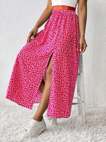 SHEIN PETITE CURVE 加大码女式碎花高开衩裙，夏季女式夏季高开衩长裙，适合身材较矮的度假乡村音乐会人士 - 玫紅色 - 查看 6