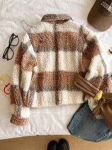 Tween Girl Casual Plaid Faux Fur Jacket, Autumn/Winter - Khaki - View 2