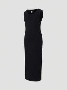 年轻女孩休闲百搭舒适圆领无袖针织长裙 - 黑色 - 查看 4