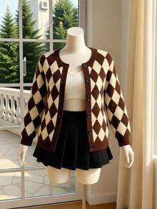SHEIN MOD Women's Plus Size Classic Plaid Knit V-Neck Cardigan,Brown Autumn Fuzzy Sweater Jacket,2000's School Back-To-School Coffee & Apricot Loose Outerwear - Multicolor - View 2