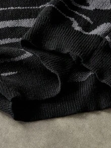 Manfinity Hypemode 大码男士休闲拼色波浪纹毛衣，秋冬 - 黑色 - 查看 6