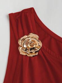 Sweetra Women's Floral Decor Ruffle Trim Fitted Shoulder Strap Dress - Red - View 4