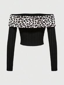 ROMWE J-Fashion Suéter cruzado de punto acanalado con cuello de piel sintética al hombro, estilo Y2K para mujer - Negro - Ver 2