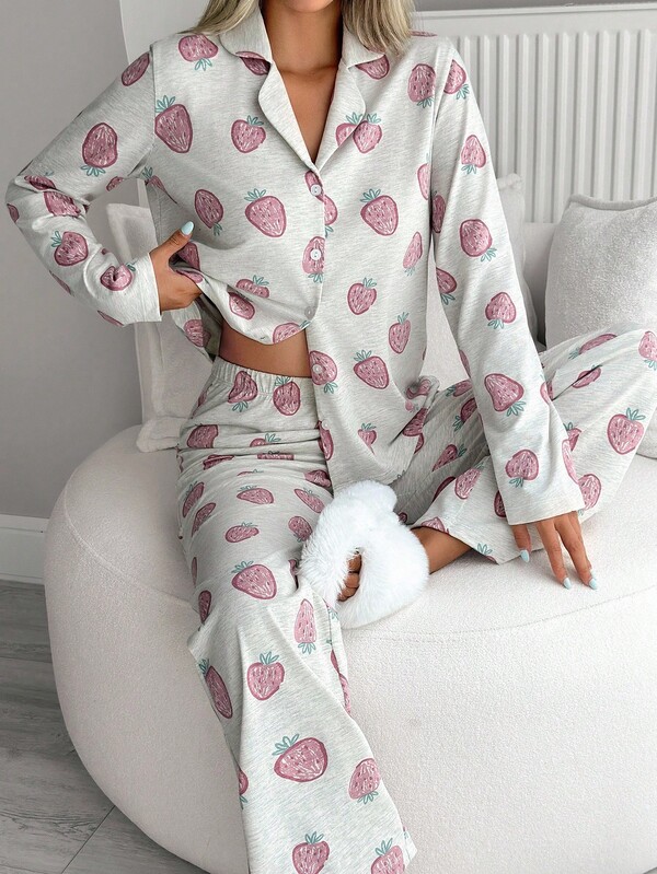 Conjunto de pijama feminino Cotton Plus Curve com 2 peças, estampa de morango e frutas, botão frontal, roupa de dormir confortável