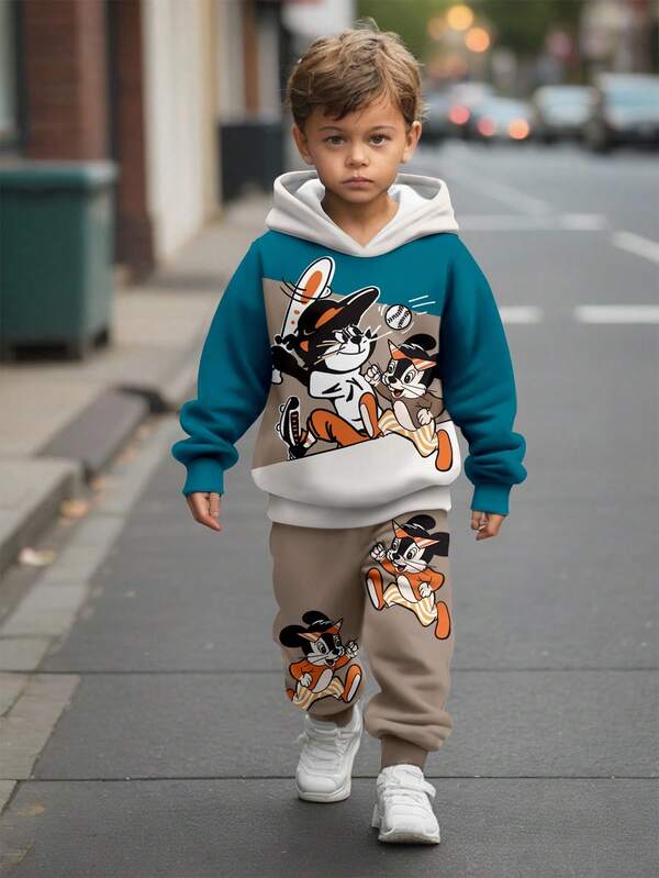 SHEIN Conjunto informal de 2 piezas para niños pequeños, con sudadera con capucha holgada y cómoda con estampado de letras en inglés, graffiti y bloques de color, estilo deportivo y de dibujos animales lindos, adecuado para otoño/invierno