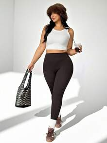 Auralis Athleisure 大码冬季女式纯色高腰无缝运动紧身裤（深棕色）、瑜伽、运动裤、冬季女式慢跑裤、女式冬季运动裤 - 咖啡棕 - 查看 7