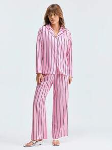 LOUNGEISTA 女士宽松舒适透气条纹长袖睡衣两件套