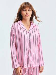 LOUNGEISTA 女士宽松舒适透气条纹长袖睡衣两件套