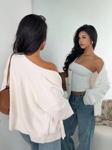 SHEIN EZwear Damen V-Ausschnitt Strickjacke mit Metallknöpfen, Neu Herbst/Winter - Weiss - Übersicht 2