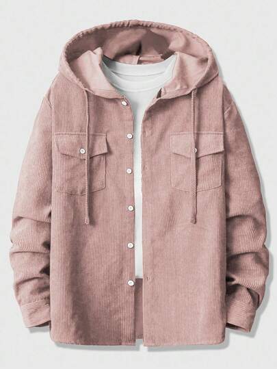 ROMWE MEN Street Life Men's Casual Front Button Drawstring Hooded Long Sleeve Shirt, Autumn